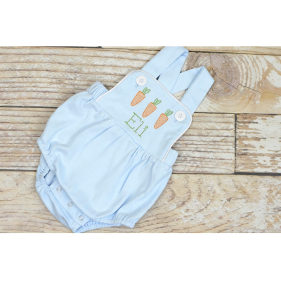 Monogrammed boys easter romper in baby blue, Boys easter outfit with carrots, baby boy bubble romper, baby boy easter carrot romper