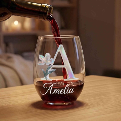Custom Name Mother of Pearl Effect Birth Flower Alphabet Wine Glass, 15oz Tondo Glass, Birthday/Mother's Day/Wedding Gift for Her/Mom/Bridesmaids