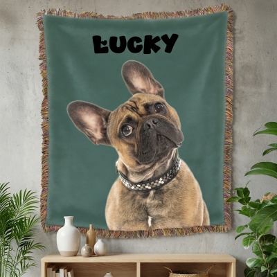 Custom Pet Photo & Name Blanket with Tassels, Flannel Dog Cat Portrait Throw for Bed Couch, Birthday/Anniversary/Memorial Gift for Pet Owners/Lovers