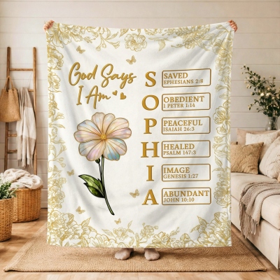 Custom Name Mother of Pearl Birth Flower God Says I Am Bible Verses Blanket, Flannel/Sherpa Bed Couch Throw, Birthday/Mother's Day Gift for Mom/Women