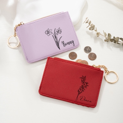 Personalized Birth Flower Zipped Card Holder with Name, Monogram Vegan Leather Coin Purse, Women's Wallet, Mother's Day/Bridesmaid Gift for Women