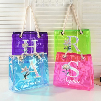 Custom Name Mother of Pearl Effect Initial Birth Flower Neon Color Tote Bag, Clear PVC Beach Bag with Rope Handles, Vacation/Birthday Gift for Women