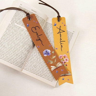 Custom Name Birth Flower Leather Bookmark, Floral Bookmark with Strap, Reading Accessory, Birthday/Anniversary Gift for Book Lovers/Readers/Women