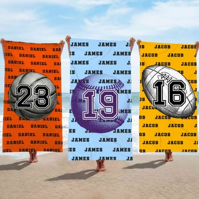 Custom Name & Number Sports Ball Beach Towel, Multicolor Quick Dry Bath Towel, Vacation/Beach/Pool Party Favor, Gift for Sports Lovers/Players/Coaches