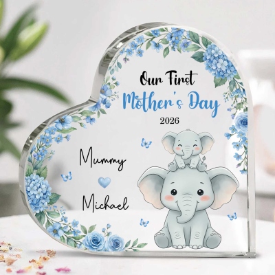 Personalized Cartoon Animals 1st Mother's Day Heart-Shaped Acrylic Plaque with Names & Year, Desk Decor, Anniversary/Mother's Day Gift for New Mom