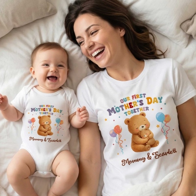 Custom Names Our First Mother's Day Parent-Child Matching Shirts, Cartoon Animal Mama & Kid Mom T-Shirt & Baby Bodysuit Set, Gift for Newborns/New Mom