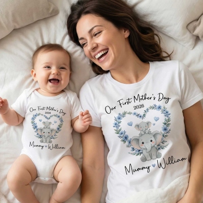Custom Names Our First Mother's Day Parent-Child Shirts, Heart Floral Cartoon Animal Mama & Kid T-Shirt & Bodysuit Set, Gift for Newborns/New Mom