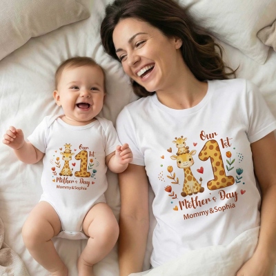 Custom Names Our 1st Mother's Day Parent-Child Matching Shirts, Cartoon Animal Mama & Kid Mom T-Shirt & Baby Bodysuit Set, Gift for Newborns/New Mom