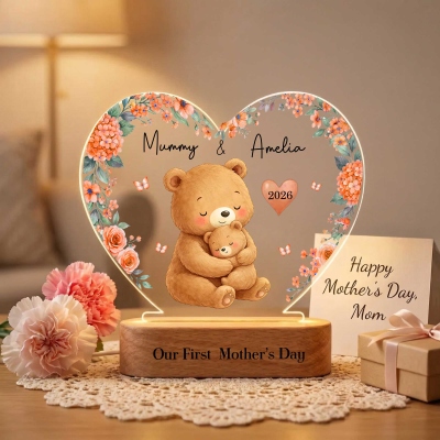 Custom Names Cartoon Animal Mama & Kid Floral Heart LED Night Light, First Mother's Day Acrylic Night Lamp with Wooden Base, Gift for Newborns/New Mom