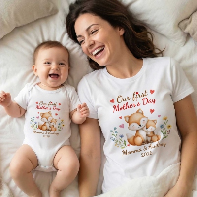 Custom Names Our First Mother's Day Parent-Child Shirts, Floral Heart Cartoon Mama & Kid Animals T-Shirt & Bodysuit Set, Gift for Newborns/New Mom