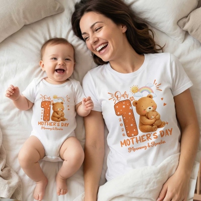 Custom Names Our 1st Mother's Day Parent-Child Matching Shirts, Animal Mama & Kid Design Mom T-Shirt & Baby Bodysuit Set, Gift for Newborns/New Mom