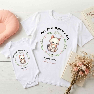 Custom Names Our First Mother's Day Parent-Child Shirts, Floral Animal Mama & Kid Design Mom T-Shirt & Baby Bodysuit Set, Gift for Newborns/New Mom