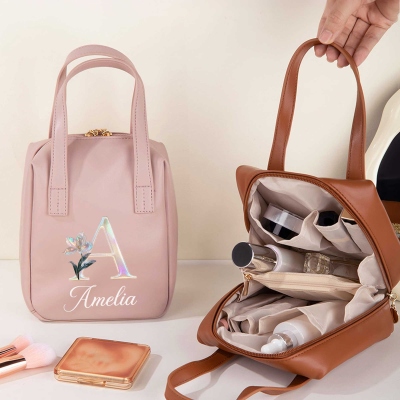 Custom Name Mother of Pearl Effect Initial Birth Flower Leather Makeup Bag with Handles, Travel Accessory, Birthday/Wedding Gift for Women/Bridesmaids