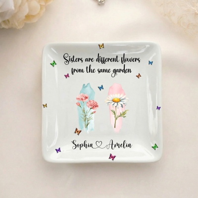 Personalized Birth Flowers Friendship Jewelry Dish with Names, Square Ceramic Trinket Tray, Anniversary/Birthday Gift for Friends/Sisters/Besties