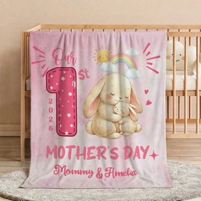 Personalized Names & Year Animal Mama & Baby 1st Mother’s Day Blanket, Flannel/Sherpa Throw for Bed Couch, Mother’s Day Gift for Newborns/New Mom