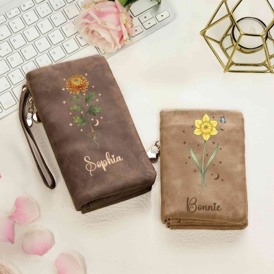 Custom Name Shining Birth Flower Tri-Fold Wallet, Leather Wallet Card Phone Holder with Wrist Strap, Birthday/Wedding Gift for Her/Mom/Bridesmaids