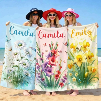 Custom Name Birth Flower Beach Towel, Quick Dry Microfiber Bath Towel, Summer Vacation/Beach Party Favor, Birthday/Wedding Gift for Women/Bridesmaids