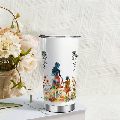 Custom Names & Birth Flowers Watercolor Art Tumbler, Stainless Steel 20oz Insulated Travel Mug with Lid, Birthday/Mother's Day Gift for Her/Mom/Women