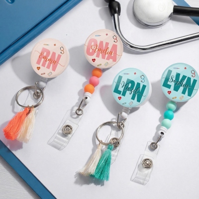 Custom Name Colorful Badge Reel with Tassels/Beads, Acrylic Retractable ID Badge Holder, Birthday/Appreciation Gift for Nurses/Doctors/Medical Staff