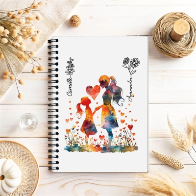 Personalized Names Birth Flowers Mom & Daughter Watercolor Art Notebook, Memorial A5 Spiral Journal, Birthday/Mother's Day Gift for Her/Mom/Women