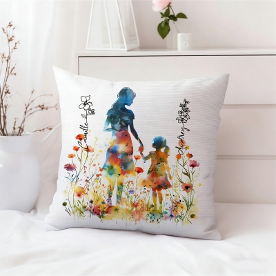 Personalized Names & Birth Flowers Watercolor Art Throw Pillow Cover, Pillowcase with Optional Insert, Birthday/Mother’s Day Gift for Her/Mom/Grandma