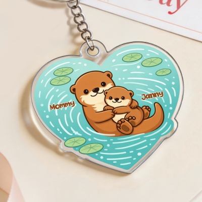 Personalized Otter Mom & Baby Heart Heart Acrylic Keychain with Name, Family Keepsake Memorial Keyring, Birthday/Mother’s Day Gift for Her/Mom/Grandma