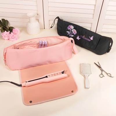 Custom Watercolor Birth Flower Hair Tools Storage Bag with Name, Waterproof Travel Bag with Heat Resistant Pad, Birthday/Mother's Day Gift for Her/Mom