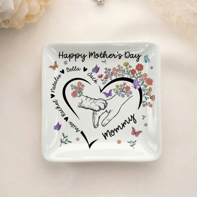 Personalized Floral Handprint Love Jewelry Dish with Names, Elegant Square Ceramic Trinket Tray, Birthday/Mother’s Day Gift for Pet Mom/Grandma/Her