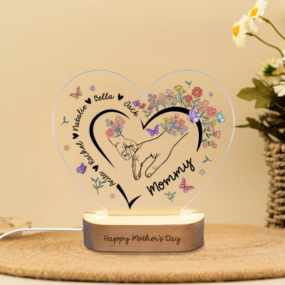Personalized Floral Handprint Love Heart-Shaped LED Night Light with Names, Acrylic Night Lamp with Wooden Base, Mother’s Day Gift for Mom/Grandma/Her