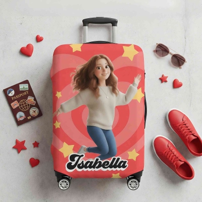Personalized Name & Full Body Photo Cartoon Character Luggage Cover, Suitcase Protector Wrap, Travel Accessory, Gift for Family/Friends/Travel Lovers