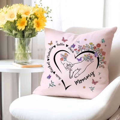 Custom Floral Handprint Love Heart Throw Pillow Cover with Names, Pillowcase with Optional Insert, Birthday/Mother’s Day Gift for Pet Mom/Grandma/Her