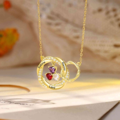 Custom Heart Birthstone Interlocking Necklace with Name, Sterling Silver 925 Circles Family Necklace, Birthday/Mother's Day Gift for Her/Mom/Grandma