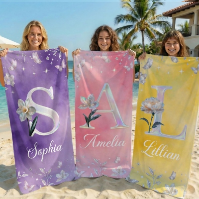 Custom Name & Initial Mother of Pearl Effect Birth Flower Beach Towel with Drawstring Bag, Quick Dry Bath Towel, Pool Party Favor, Gift for Women