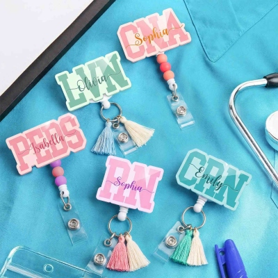 Personalized Name & Title Colorful Badge Reel with Tassels/Beads, Acrylic Retractable ID Badge Holder, Birthday/Appreciation Gift for Nurses/Doctors