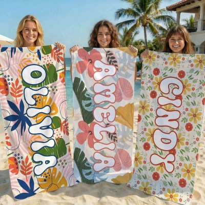 Custom Name Groovy Tropical Floral Beach Towel, Quick Dry Microfiber Pool Towel, Summer Vacation/Beach Party Favor, Gift for Mom/Girlfriend/Women