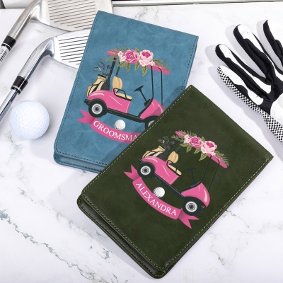 Custom Leather Golf Scorecard Holder, Golf Yardage Book Cover in Pink Rose Golf Cart Design, Golf Accessories, Gift for Female Golfer/Her/Bridesmaids