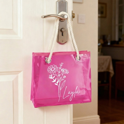 Custom Name Birth Flower Neon Color Tote Bag, Transparent PVC Beach Bag with Rope Handles, Bridal Shower Favor, Vacation/Birthday Gift for Women/Girls