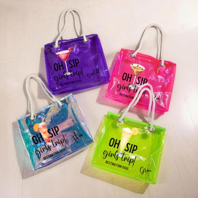 Custom Name Oh Sip Girls Trip Neon Color Tote Bag, Transparent PVC Beach Bag with Rope Handles, Travel Accessory, Vacation Gift for Besties/Girls
