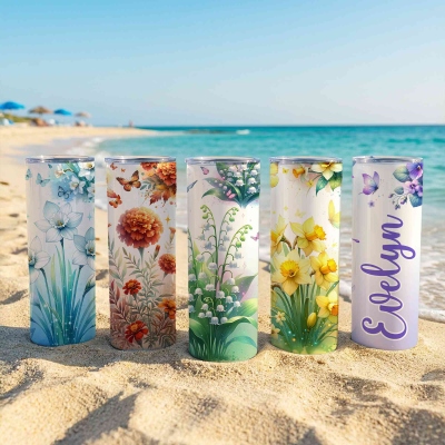 Personalized Birth Flower & Name Insulated Skinny Tumbler, Stainless Steel 20oz Travel Mug with Straw, Birthday/Mother's Day Gift for Mom/Grandma/Her