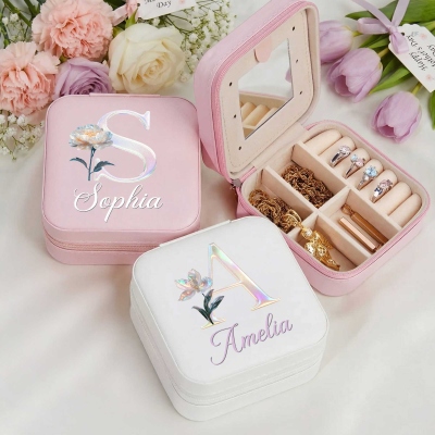 Personalized Name & Initial Mother of Pearl Effect Birth Flower Jewelry Box, PU Leather Travel Jewelry Case, Mother's Day Gift for Mom/Grandma/Her