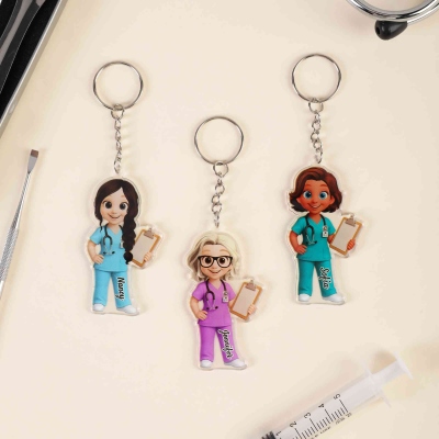 Medical Symbols and Nurse Cartoon, Personalized Keychain, Gift for Nurses, Nurse Pattern Gift