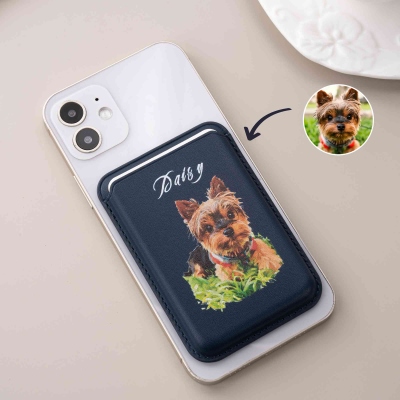 Personalized Pet Portrait MagSafe Wallet with Name, Leather Magnetic Card Holder for iPhone, Phone Case Accessory, Birthday Gift for Pet Lovers/Owners