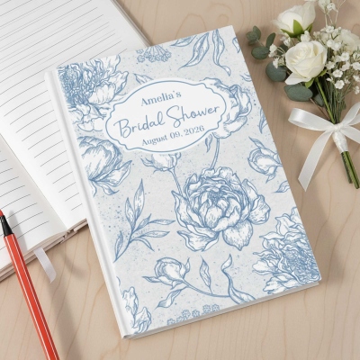 Personalized Something Blue Floral A5 Guest Book with Name, Vintage Hardcover Blessings Memory Notebook, Bridal Shower Favor, Wedding Gift for Bridal
