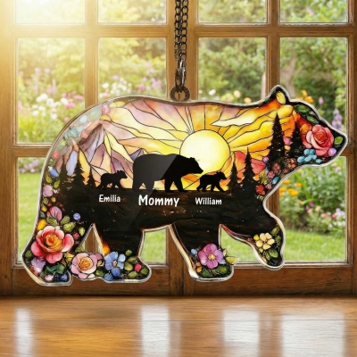 Personalized Mama Bear and Cubs Floral Ornament with Names, Colorful Acrylic Car Window Hanging, Home Decor, Mother’s Day Gift for Wife/Mom/Grandma