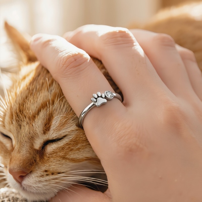 Personalized Pet Print Birthstone Adjustable Ring, Dainty 3D Heart-Shaped Pet Paw Memorial Jewelry, Birthday/Mother's Day Gift for Pet Mom/Owners/Her