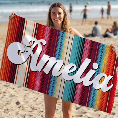 Personalized Name Multicolor Aztec Beach Towel, Quick Dry Microfiber Pool Towel, Summer Vacation/Beach Party Favor, Birthday Gift for Women/Friends