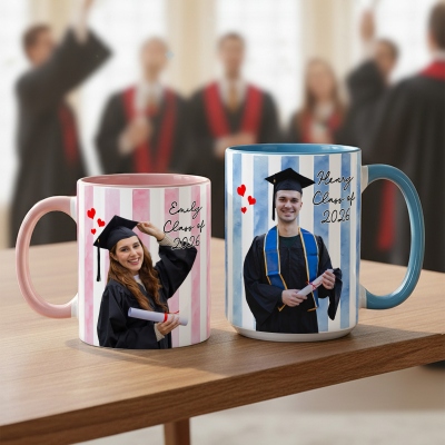 Personalized Photo & Name Graduation Striped Mug with Year, 11oz/15oz Two Tone Ceramic Coffee Tea Mug, Gift for High School/College Graduates