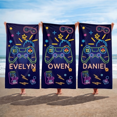 Personalized Name Neon Electronic Game Beach Towel, Quick Dry Microfiber Pool Towel, Summer Vacation/Beach Party Favor, Gift for Kids/Teens/Gamers