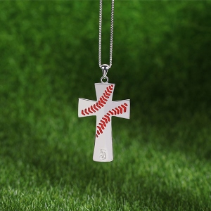 Engraved Baseball Line Cross Necklace in Silver