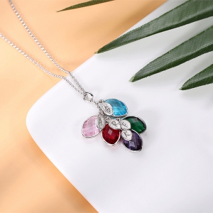 Personalized Family Birthstone Initial Necklace with Leaves